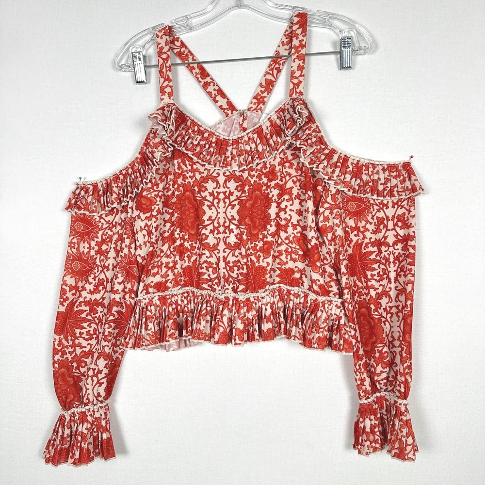 DELFI Collective Off Shoulder Ruffle Floral Crop Top Red‎ Women's L